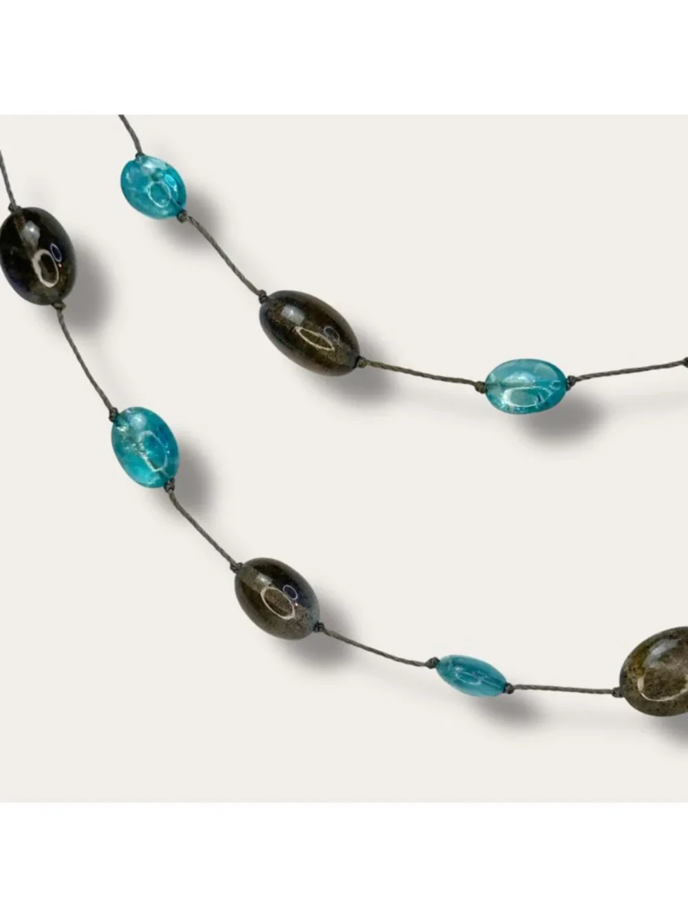 Handcrafted Sea Glass Bead Necklace Hand Knotted Aqua & Smoky Bead 36 inch EVC